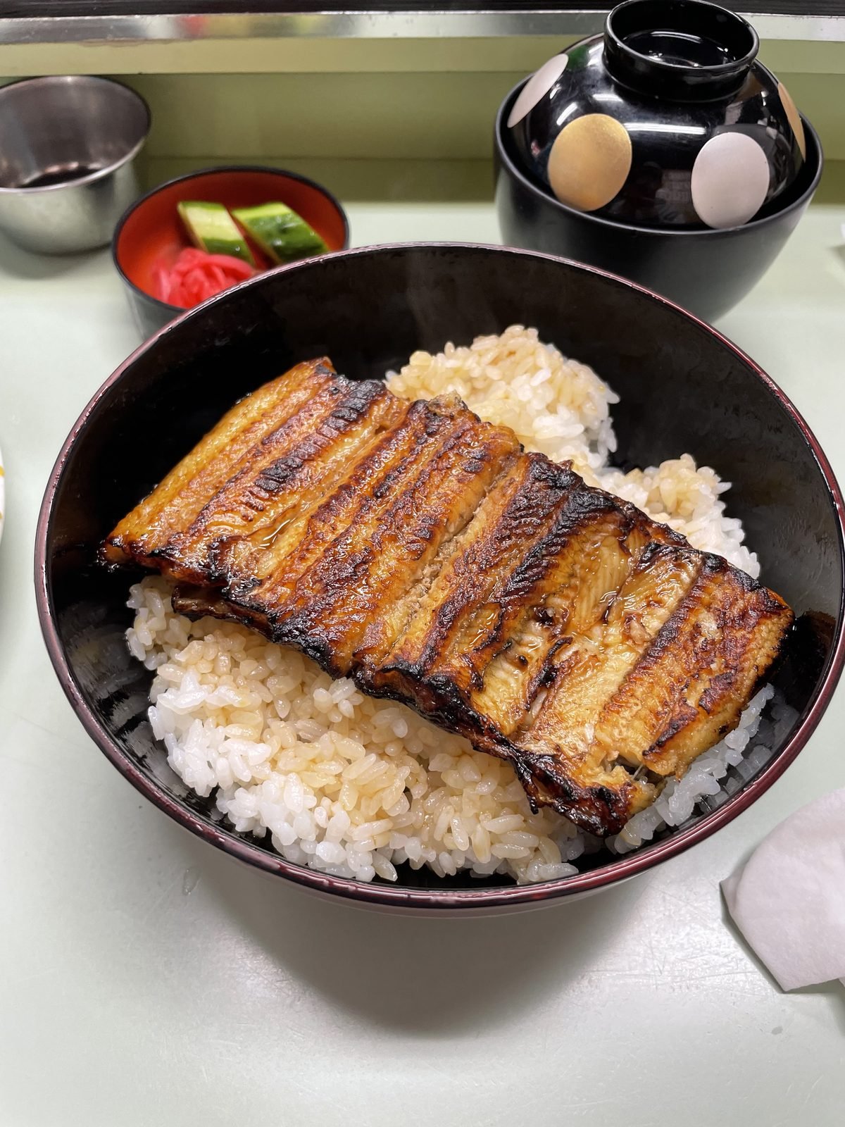Bol de arroz cubierto con anguila a la parrilla (unadon) en una taberna de Akabane